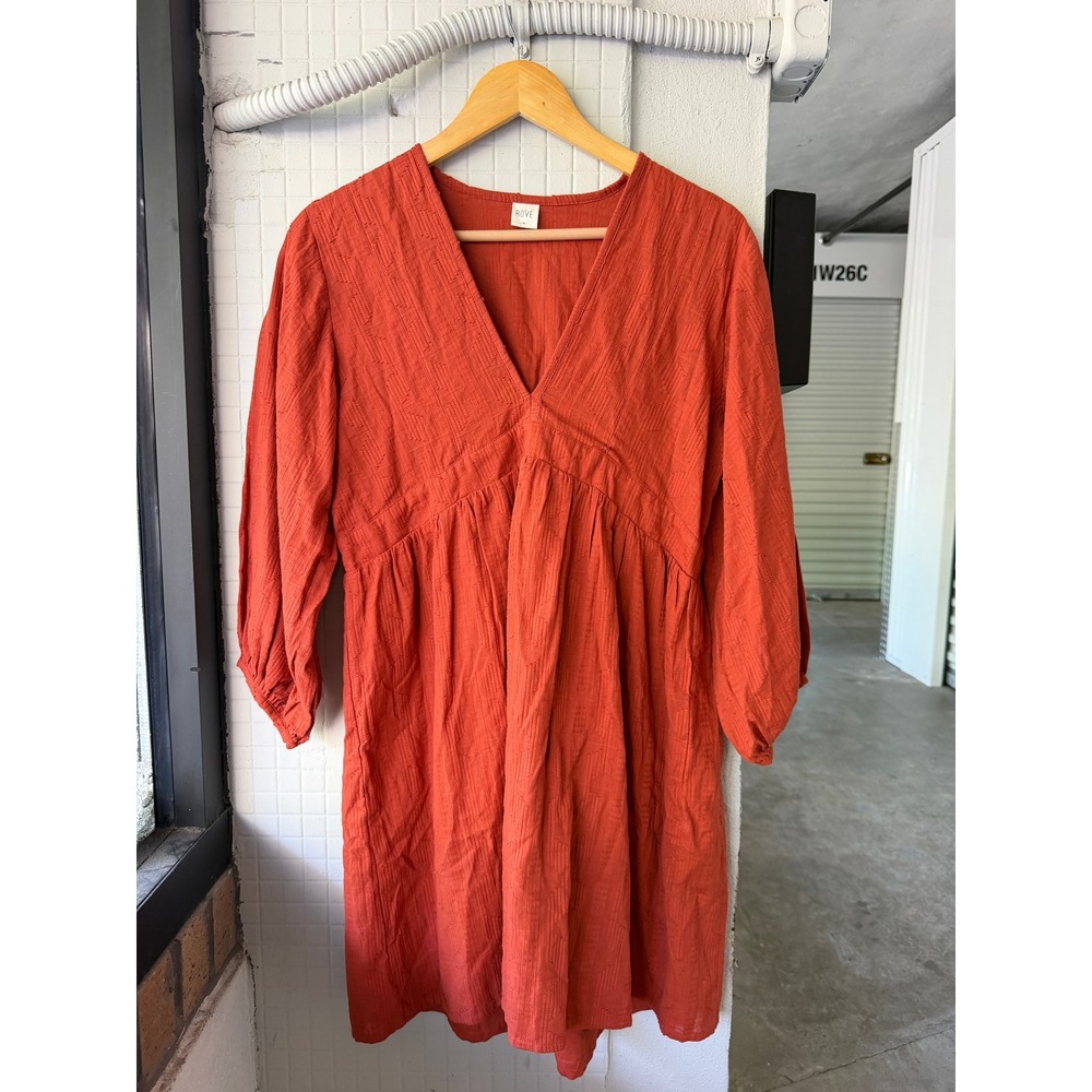 ROVE Alma Mini Dress Cotton M Rust Textured V-Neck Balloon Sleeve Babydoll - Picture 2 of 9